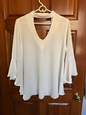 Women's Cream V-Neck Ruffle Sleeve Blouse by Axyeh